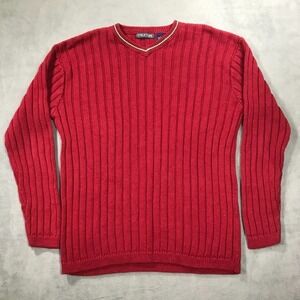 Vintage Structure Sweater Men's Large Red Ramie Blend Ribbed Y2K 90s V Neck
